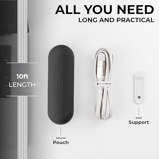 Rolling Square inCharge XL 6-in-1 Multi Charging Cable, Portable USB and USB-C Cable with 100W Ultra-Fast Charging Power, 10 Ft/3m, Glacier White
