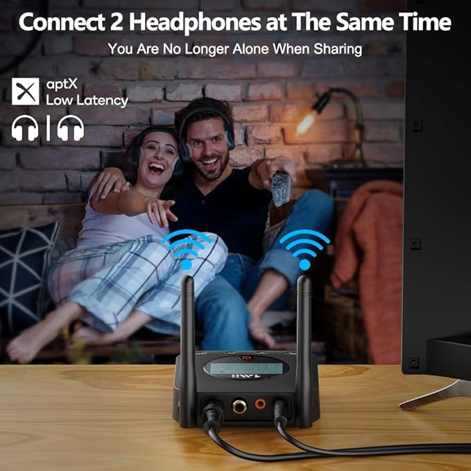1Mii B06TX+ Long Range Bluetooth 5.2 Transmitter for TV/PC/Projector to 2 Wireless Headphones/Speakers, Bluetooth Adapter for TV w/Screen Display Plug n Play, aptX Low Latency & HD Audio