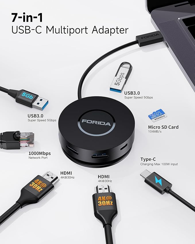 Mini USB C Docking Station Dual HDMI Monitor FORIDA USB C to USB Dock Hub with Gigabit Ethernet 100W Power Delivery Micro SD Card Reader for MacBook/Dell/HP/Lenovo ThinkPad/Surface (Black)