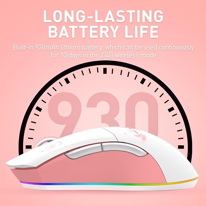 DAREU Sakura Pink Wireless Gaming Mouse with Charging Dock Rechargeable RGB,12K DPI,6 Programmable Buttons High-Precision Sensor [300IPS] [1000Hz] for PC Notebook Mac