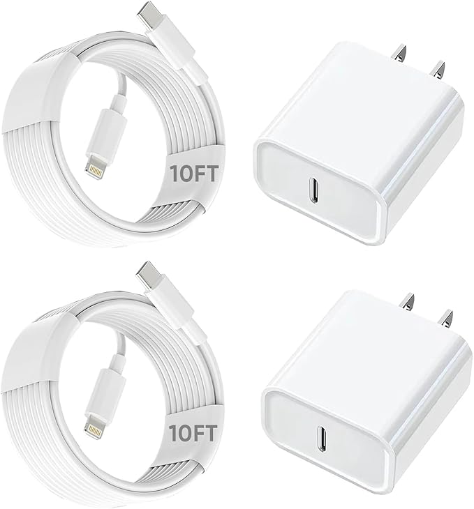 10FT iPhone Fast Charger,2Pack[Apple MFi Certified]iPhone Fast Charging USB C Blocks Wall Charger PD Adapter with Long 10 Foot USB C to Lightning Cable for i Phone14/13/12/11Pro Max/XS/SE/AirPods,iPad