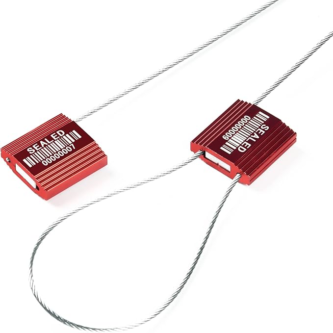 50 Red High Security Cable Seals with Barcode, Pull Tight Numbered Steel Security Seals, Anti-Tamper Shipping Self-Locking Tags for Logistics, ISO 17712 Certified