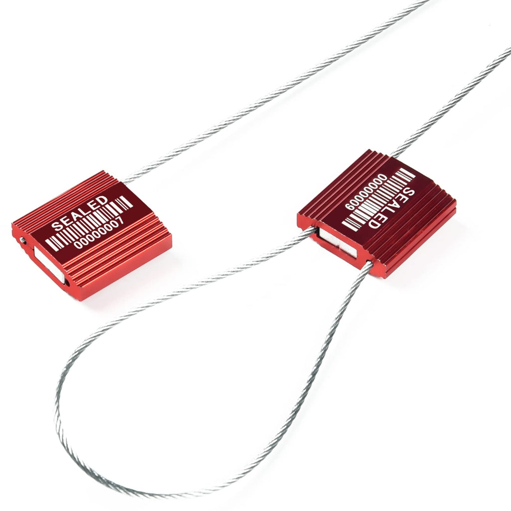 LeadSeals 100 Red Steel Cable Seals With Barcode - High Security Numbered Truck Anti-Tamper Pull Tite Tags - Metal Container Shipping Self-Locking Safety Ties ISO 17712