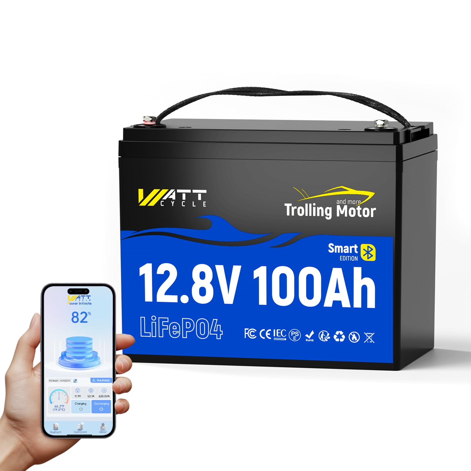 Wattcycle 12V 100Ah LiFePO4 Battery, Lithium Battery 12V 120A BMS, IP67 Marine Batteries for Trolling Motor, Built-in Bluetooth, Monitor, Mobile APP, Perfect for Boat, Marine, RV, Home Energy, Solar