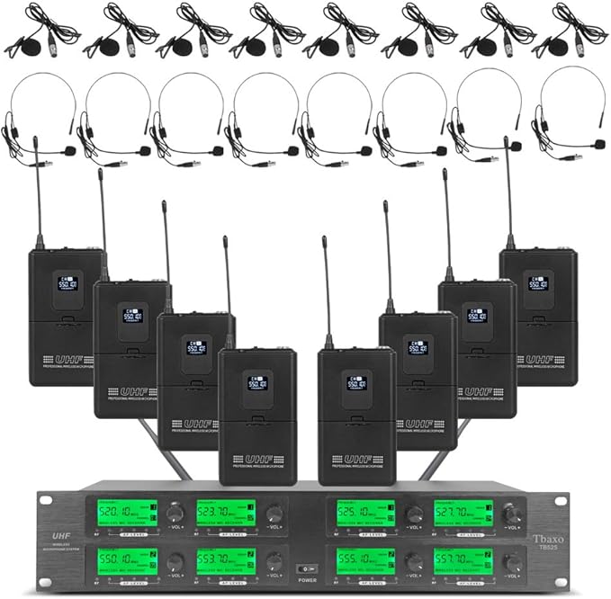 WENWEN Wireless Microphone System UHF 8 Channel 8 Lavalier Bodypacks 8 Lapel Mic 8 Headsets for Karaoke System Church Speaking Conference Wedding Party 3 Year Warranty