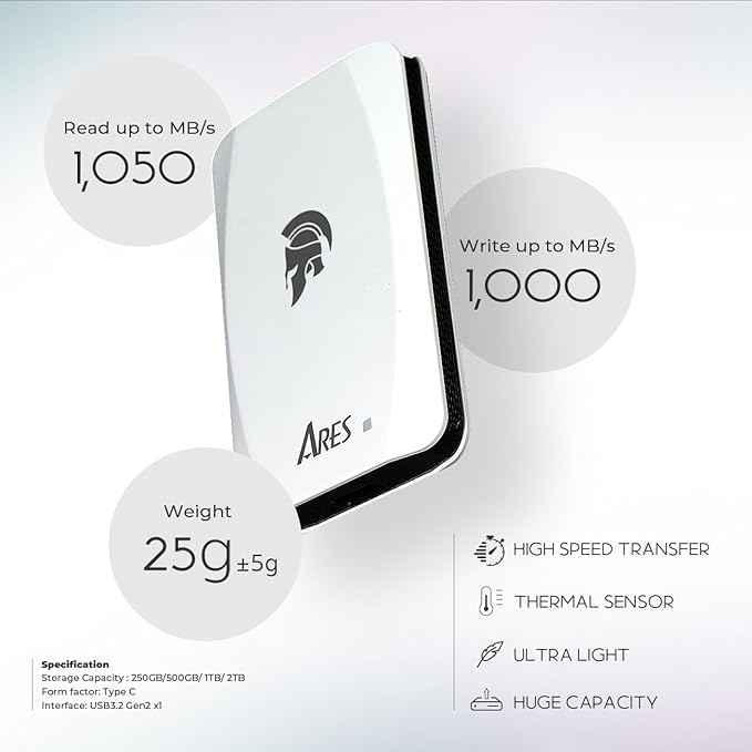 DATO External SSD 1TB, Portable SSD External Solid State Drive, USB 3.2 Gen 2x1 Type C Up to 1050/1000 MB/s, Super Light and Compact Portable Solid State Drive - ARES Torch