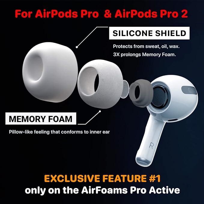 Patented Design Memory Foam Ear Tips for AirPods Pro and AirPods Pro 2 w/Silicone Shield. AirFoams Pro Active 2.0 Lasts 5X Longer. Replacement Tip. As seen on Kickstarter. (S/M/L, White)