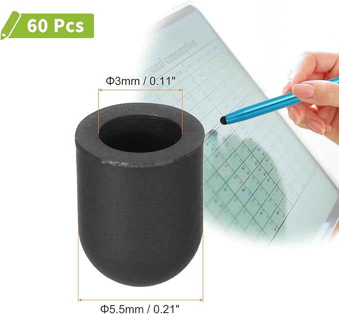MECCANIXITY 60Pcs Replacement Stylus Pen Tips 5.5mm Conductive Capacitive Touch Screen Pens Tips Silicone Rubber, Black