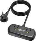 2Ft Extension Cord, SUPERDANNY Mini Surge Protector with 2 Wide-Spaced Outlets, USB Power Strip, 3 USB-A 1 USB-C, Flat Plug, Compact Size Desktop Charging Station Travel, Home, Office, Black