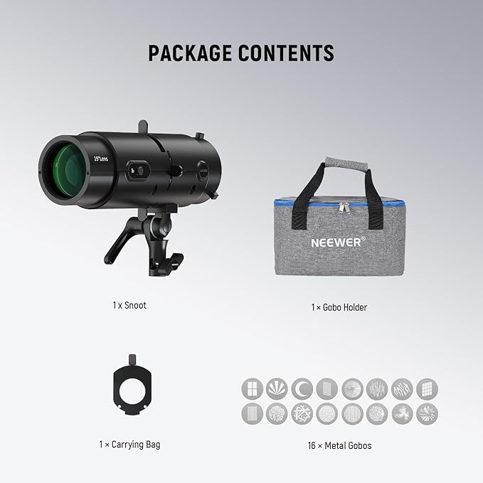 NEEWER LS-300 Spotlight Optical Snoot for 300W Bowens Mount LED Video Lights with 16x GOBO 19° Projection Lens 98% Light Transmittance Geometric Shaper for Creative Photography & Enhanced Illuminance