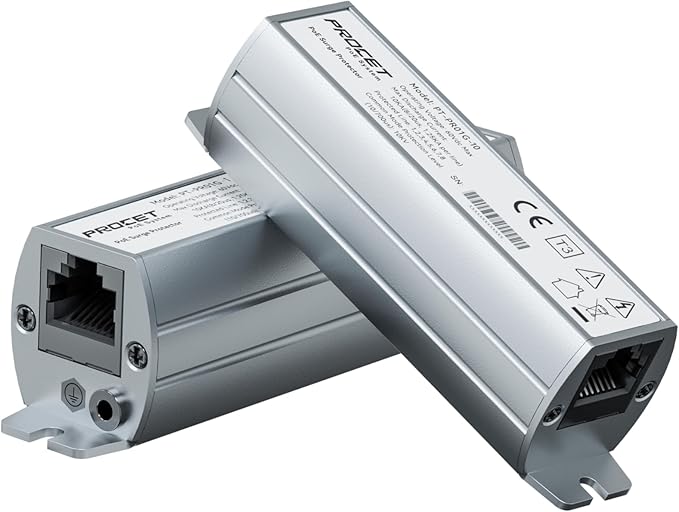 PROCET Ethernet Surge Protector Gigabit - 20KV Industrial Lightning Arrestor for -40°F to 185°F, 120Wmax PoE++ RJ45 Surge Protector, 10/100/1000Mbps, Gas Discharge Tube（GDT）, PT-PR01G