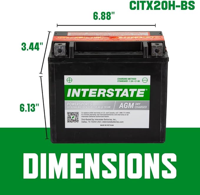Interstate Batteries YTX20H-BS 12V 18Ah Powersports Battery 310CCA High-Performance AGM Rechargeable Replacement for Arctic Cat, Harley Motorcycles, Bikes, ATVs, Jet Skis, Snowmobiles (CITX20H-BS)
