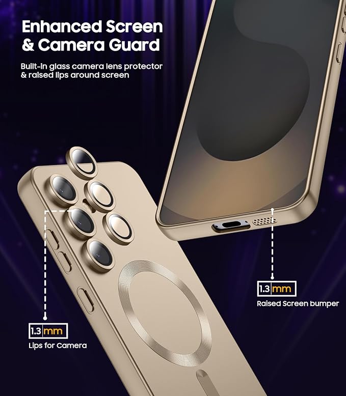 Magnetic for Samsung Galaxy S25 Case [Compatible with MagSafe][Built-in Camera Lens Protector] Slim Soft Silicone Bumper Shockproof Metallic Luster Phone Shell (Gold)