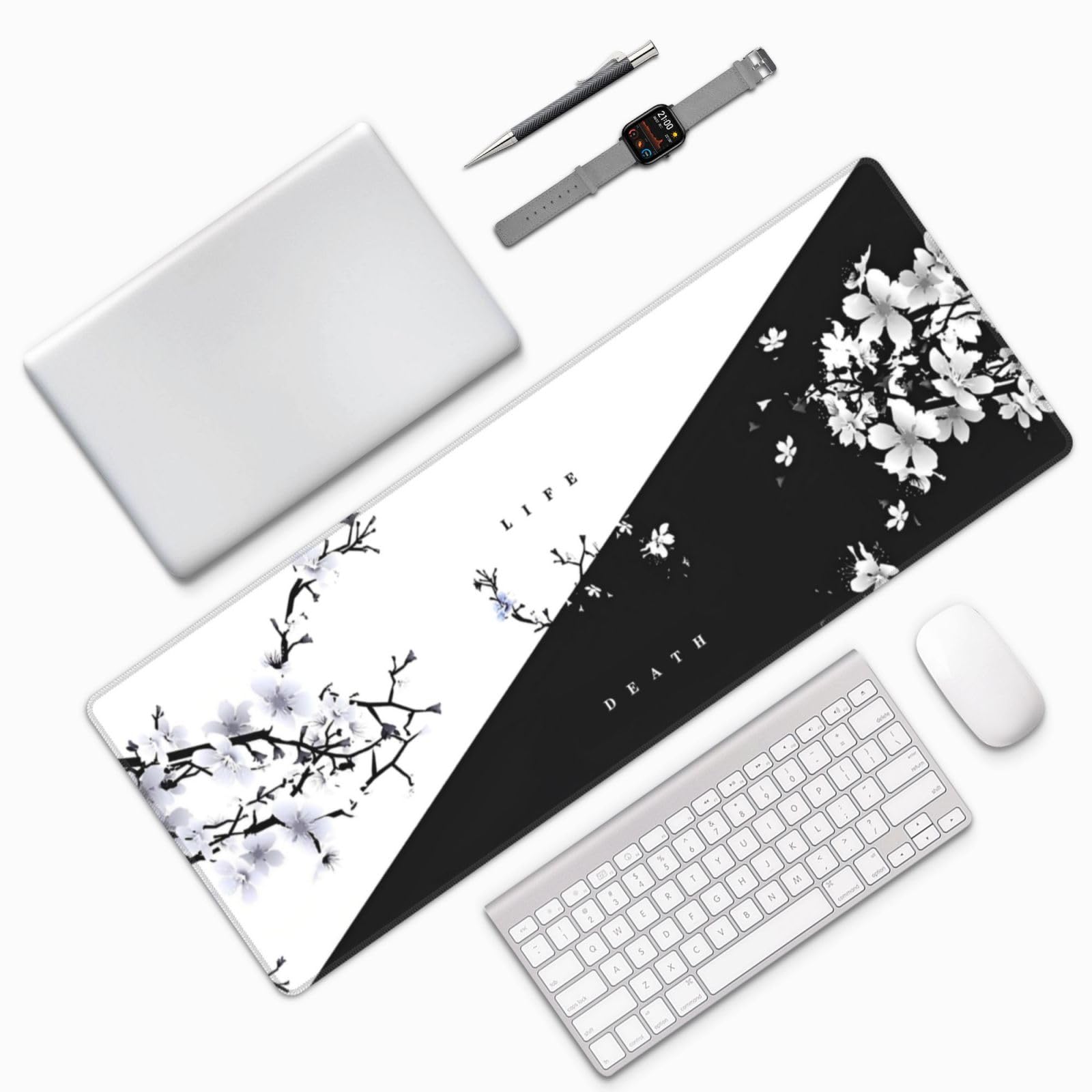Japanese Life Death Keyboard Mat, Black White Japanese Anime Gaming Mouse Pad for Desk with Anti-Slip Rubber Base and Stitched Edges, Japanese Sakura Pagoda Sun Mouse Pad