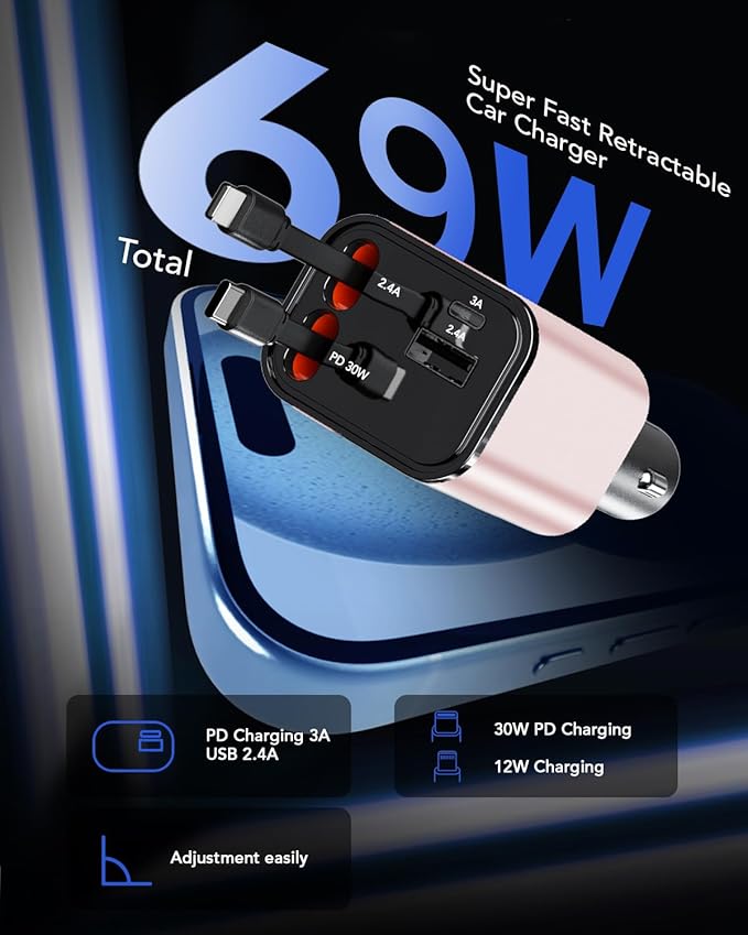 84W Retractable Car Charger,Car Phone Charger USB C Fast Charge for iPhone