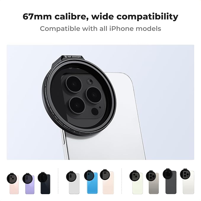 K&F Concept Clip On 67mm Variable ND2-32 Magnetic Phone Lens Filter Kit, Phone Clip with Magnetic Adapter Ring/Cold Shoe/Locking Knob, Neutral Density Filter for iPhone 16 15 Pro Max 14 13