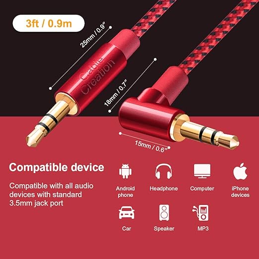 CableCreation Audio Cable, 3FT 3.5mm Right Angle Male to Male Auxiliary Jack HiFi Cable with Silver-Plating Copper Core,24KGold Plated, Red