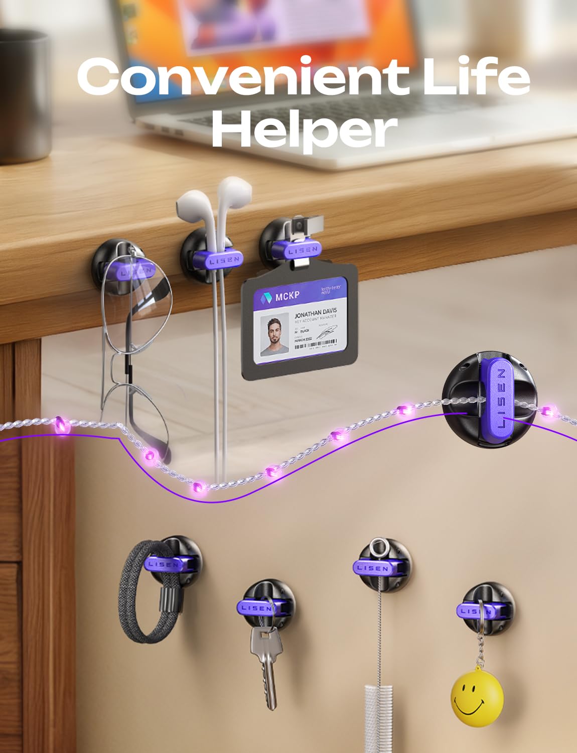 10-Pack Magnetic Cable Clips [1S Snap-On] Cord Holder, LISEN Office Desk Organizers and Accessories with 5 Extra Strong Adhesive Pads, Wire Organizer for Nightstand, Home, Wall, Car, Desktop, Purple