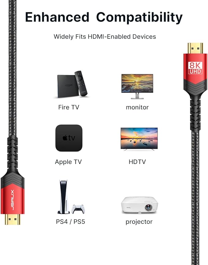 JSAUX Fiber Optic 8K HDMI Long Cable 50 ft 2.1 48Gbps Ultra High Speed HDMI Braided Cord, 4K@120Hz 144Hz, 8K@60Hz, HDCP 2.2 & 2.3, HDR 10, eARC Compatible with Laptop Monitor UHD TV PS5 PS4-Red