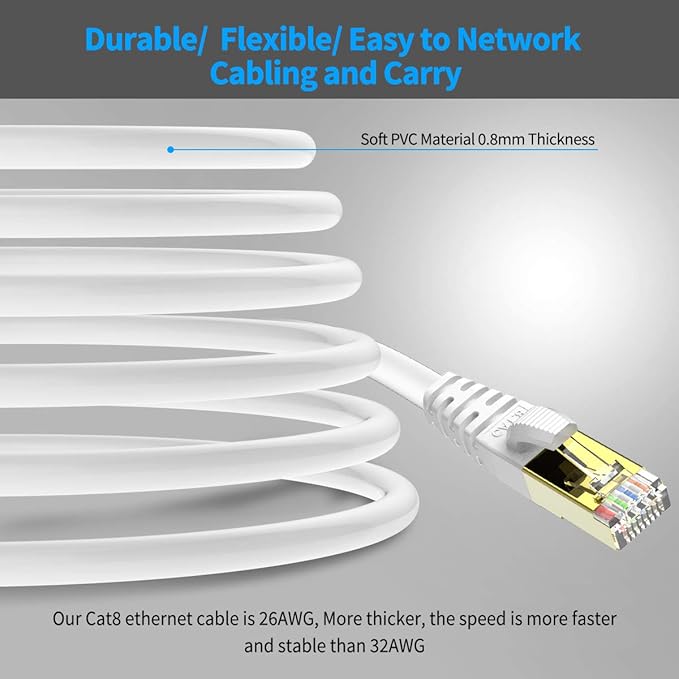KASIMO CAT 8 Ethernet Cable SFTP Internet Network Patch Cord, Heavy Duty High Speed LAN Cables w Gold Plated RJ45 Connector Professional for Router, Modem, Gaming, Xbox (6 Feet, 5 Pack White)
