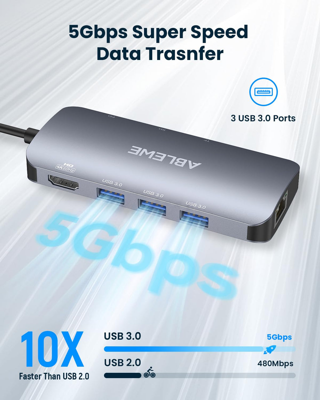 ABLEWE USB C Hub Ethernet 8-in-1, Multiport USB C to HDMI Hub, 4K@60Hz,1000Mbps, 100W PD, 3 USB 3.0 Ports, Docking Station Compatible with MacBook Pro/Air, Tablet, Phone, Type C Devices