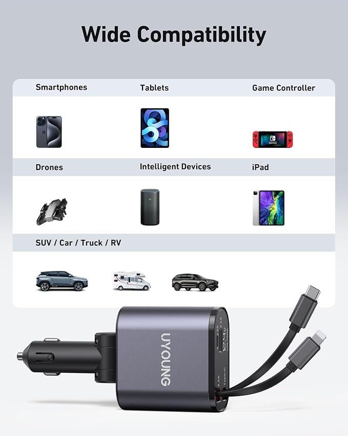 Car Phone Charger Adapter 2Pack Retractable Car Charger 4in1 Fast Charging Dual Retractable Cables 31.5 Inch Multiple Ports Charging Station Compatible with iPhone 16/15/14/13/12/11 Pro Max/Samsung