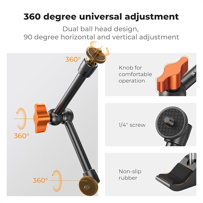 K&F CONCEPT 9.8" Magic Arm Clamp Kit with 1/4" & 3/8" Thread Screw 360° Ball Heads Articulating Magic Arm Camera Mount for Monitor, Flash, LED Light, Microphone, Camera Cage, Action Camera