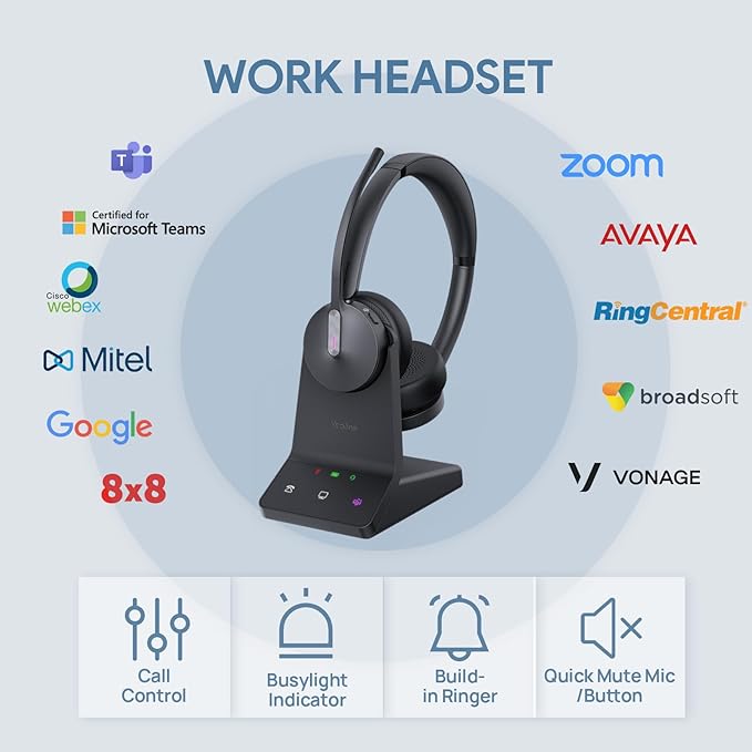 Yealink WH64 Dual UC DECT & Bluetooth Wireless Headset, 606ft Range,Zoom Certified, On Ear Work Headphones with 3X Noise Cancelling Mic, 32 Talk Time, Office Desk IP Phone, PC,Computer