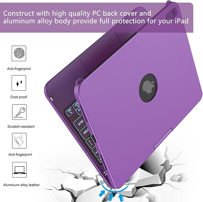 for iPad A16 11th Generation/10th Generation Case with Keyboard,Touch Keyboard for iPad 11" /10th Gen 10.9 inch 2022-10 Color Backlight, 360° Rotatable Protective Cover (Purple)