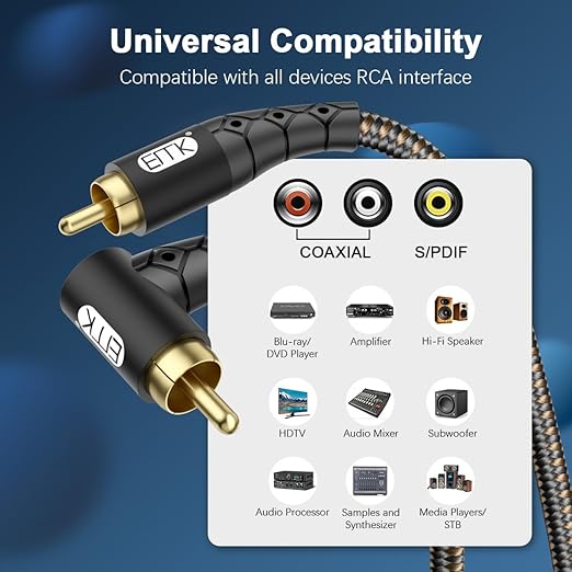 EMK 90 Degree RCA Subwoofer Cable 24K Gold-Plated Connector Nylon Braided Double Shielded – Support Digital & Analog Signals for Amplifier, Home Theater, Hi-Fi System,Subwoofer Black/10ft/3m