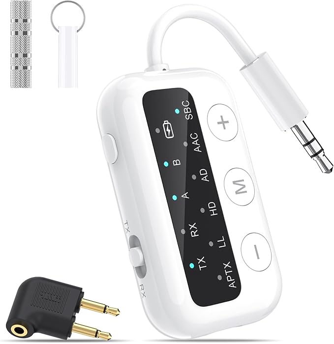 1Mii SafeFly Dot Bluetooth 5.3 Transmitter Receiver for up 2 Headphones,AptX Low Latency/HD,Plane Travel Essentials,Wireless Audio Bluetooth Airplane Adapter for Flight,TV,Car,PC(White)
