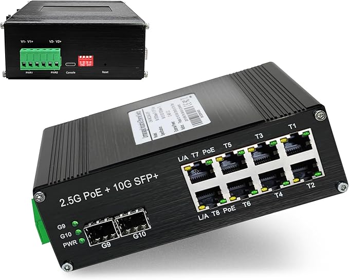Managed 8-Port 2.5G Switch with 2-Port 10G SFP+, Industrial IEEE 802.3af/at 30W PoE Ethernet Switch, 48~57VDC Power Input, Plug & Play, Support QoS, Vlan, IGMP