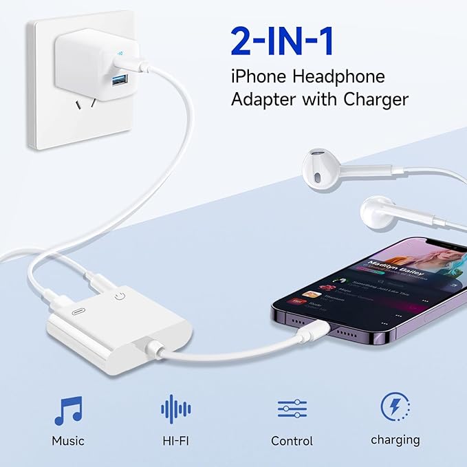 [Apple MFi Certified] 2-in-1 Charging & Audio Adapter for iPhone, Lightning to 3.5mm Headphone Jack Dongle Splitter, Supports Hi-Res Lossless Sound, Compatible with iPhone 14/13/12/11/XS/XR/8/7 5Pack