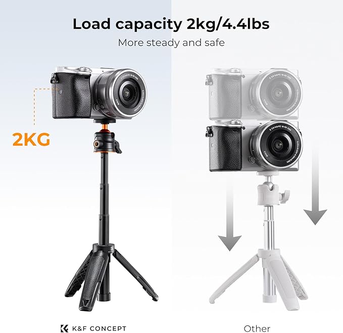 K&F Concept Selfie Stick Tripod, 360 Degree Rotation Mini Phone Stand with Ball Head and Cold Shoe Mount, Cellphone Holder with Wireless Remote for Smartphone Black
