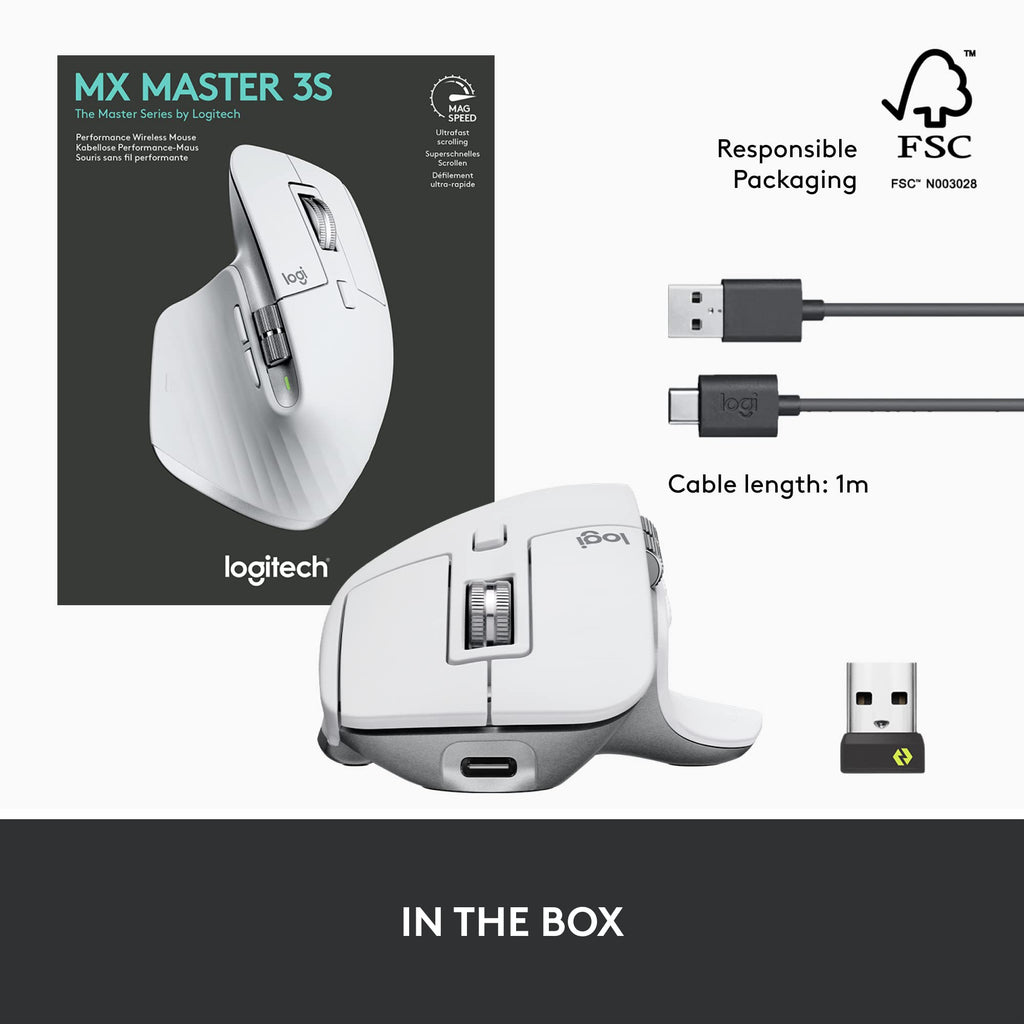 Logitech MX Master 3S Wireless Mouse Standard Edition with Logi Bolt USB Receiver, Ultra-Fast Scrolling, Ergo, 8K DPI, Track on Glass, Quiet Clicks, USB-C, Bluetooth, Windows, Linux, Chrome- Pale Grey