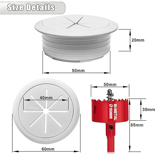 6PCS Desk Grommet, 2 Inch(50mm) Cable Hole Cover for Office and Home Table, Desktop Wiring Management and Protection (White, 6pc)