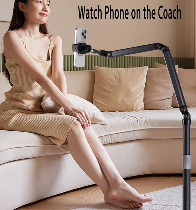 Phone Floor Stand for Recording Cell Phone Holder for Bed, Adjustable Tall Stand with Ultra-Long Extension Arm, 360° Swivel, Compatible with iPhone Samsung and More
