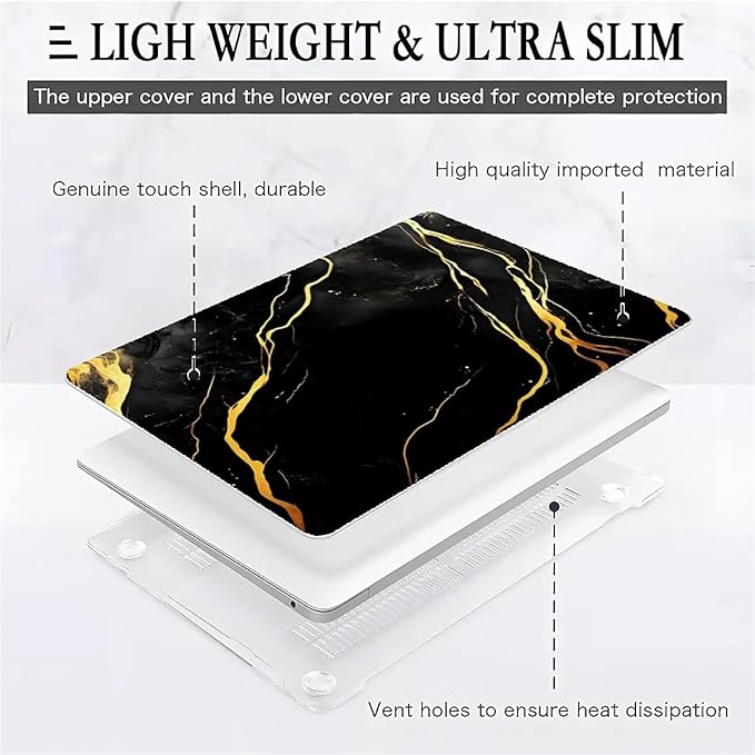 Compatible with MacBook Air 13.3 13.6 Inch Case 2022 2021 2020 2019 Plastic Hard Shell Case Cover,13.3 Pro(A1706/A1708/A1989/A2159/A2289/A2338), Black Marble