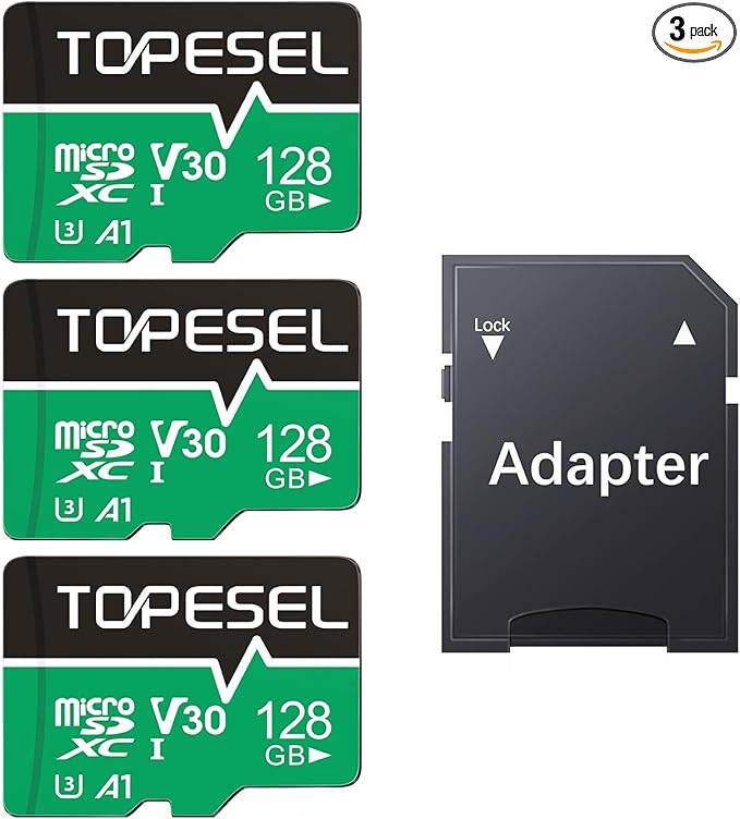 TOPESEL Micro SD Card high Speed 90mb per Second TF Card 4K Recording Memory Card with Adapter (3 Pack, 128, GB)