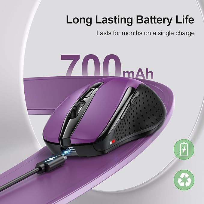 TECKNET Rechargeable Wireless Mouse,USB-A Silent Mouse, Quiet Click, 6 Adjustable 4800 DPI, Cordless Computer Mouse, Ergonomic Mouse for Laptop, 6 Buttons 2.4G Mouse for Chromebook, Ergo Grip - Purple