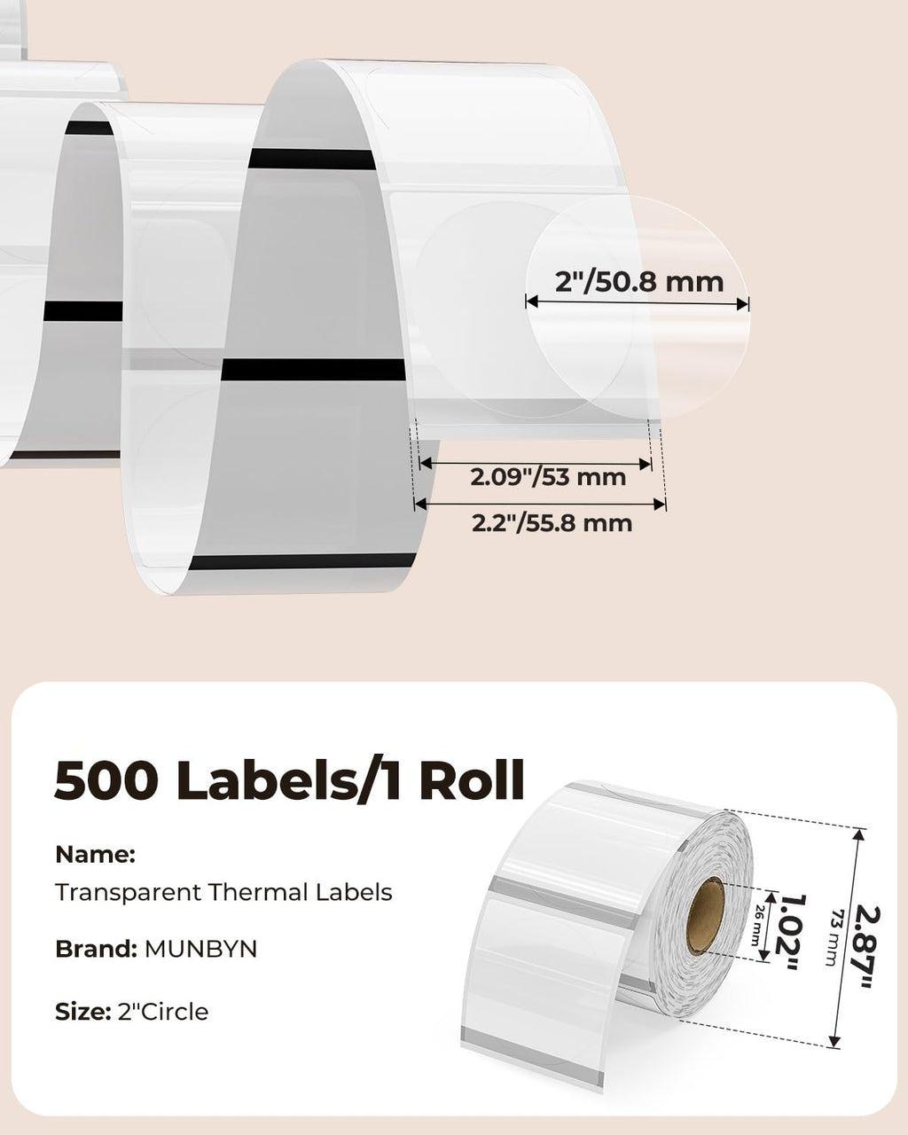 MUNBYN 2 Inch Transparent Round Thermal Labels, 500 Sheets/1 Roll