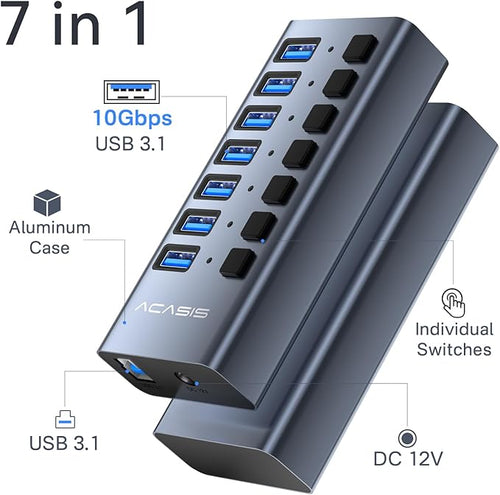 ACASIS Powered 7 Ports USB 3.2 Hub, 10Gbps Data Transfer, 24W Adapter
