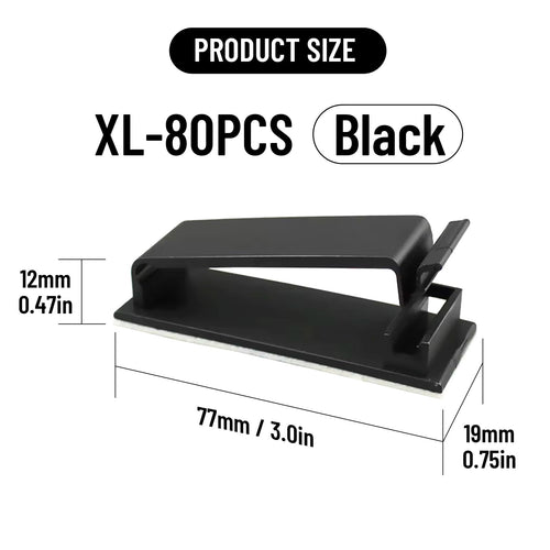 Adhesive Cable Clips Holder, Outdoor Light Clips, Black Cord Wire Clips, Sturdy Nylon Cord Wall Finisher Wire Clamp for Home, Car, Office Desk Wire Management (Black, XL-80 PCS)