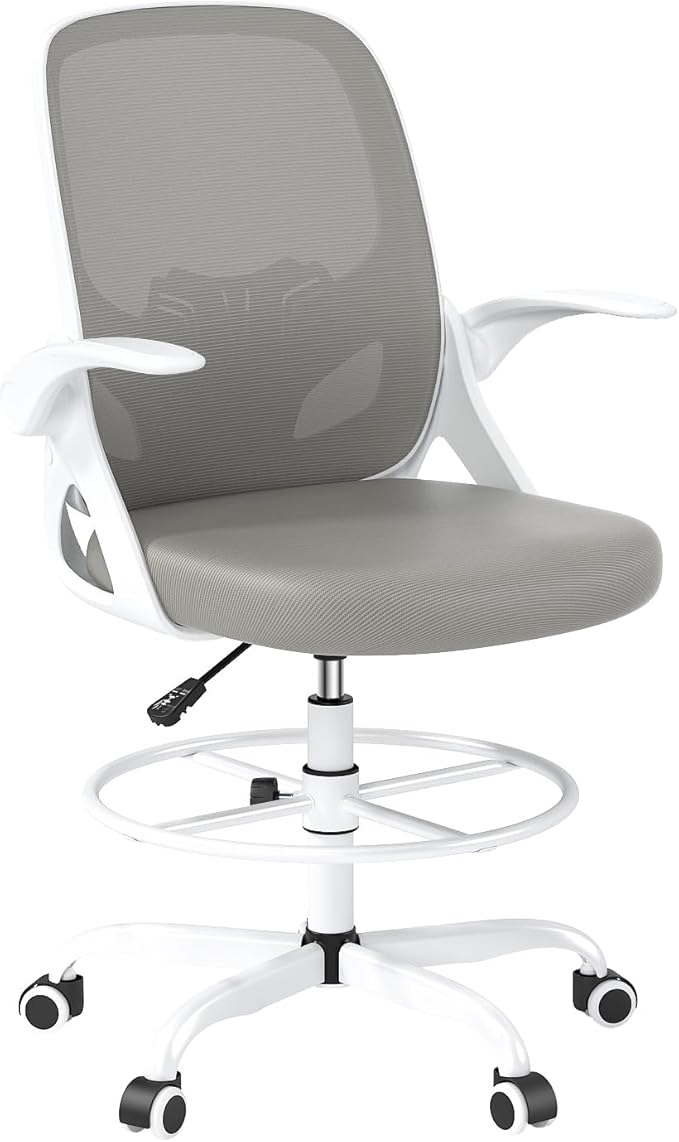 Tall Drafting Chair with Footrest Ring for Home and Work, Ergonomic Home Desk Office Chair with Flip up Arms and Lumbar Support, Extended Height Executive Desk Office Chair(Gray)