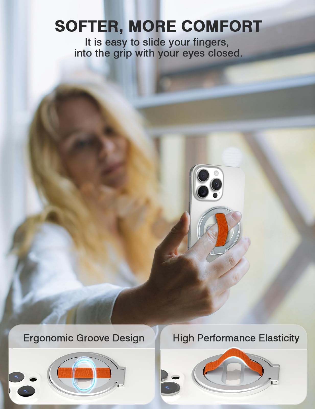 Gornergrat Grat Magnetic Phone Grip Kickstand, [Elastic Finger Strap] Phone Loop Holder, Dual-Sided Magnet Ring Stand Compatible with Magsafe Series iPhone 16 15 14 13 12 Pro max, Silver