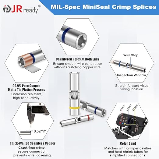 JRready ST6488-20-100 Heat Shrink Butt Splice Connectors 100 Sets 26-20AWG Butt Crimp Splices with PVDF Tubes Waterproof Environmental Splice Connectors with ACT-232 Crimp Tool G411 Go-No Go Gauge
