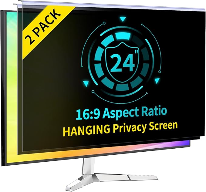 [2-Pack 24 Inch Computer Privacy Screen Filter for 16:9 Monitor, Anti-Blue Light, Anti-UV,Blue Light Blocking Removable Privacy Protector Shield Fits 23.6", 23.8", 24" Monitors