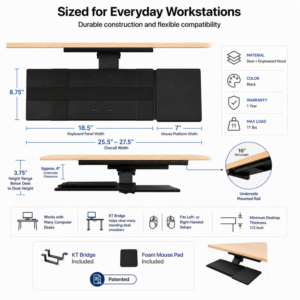 KT1 Ergonomic Keyboard Tray Under Desk, Under Desk Slide Out Tray with Adjustable Height and Tilt, Easy to Slide and Swivel 360 Degree, Keyboard Drawer with Adjustable Mouse Pad