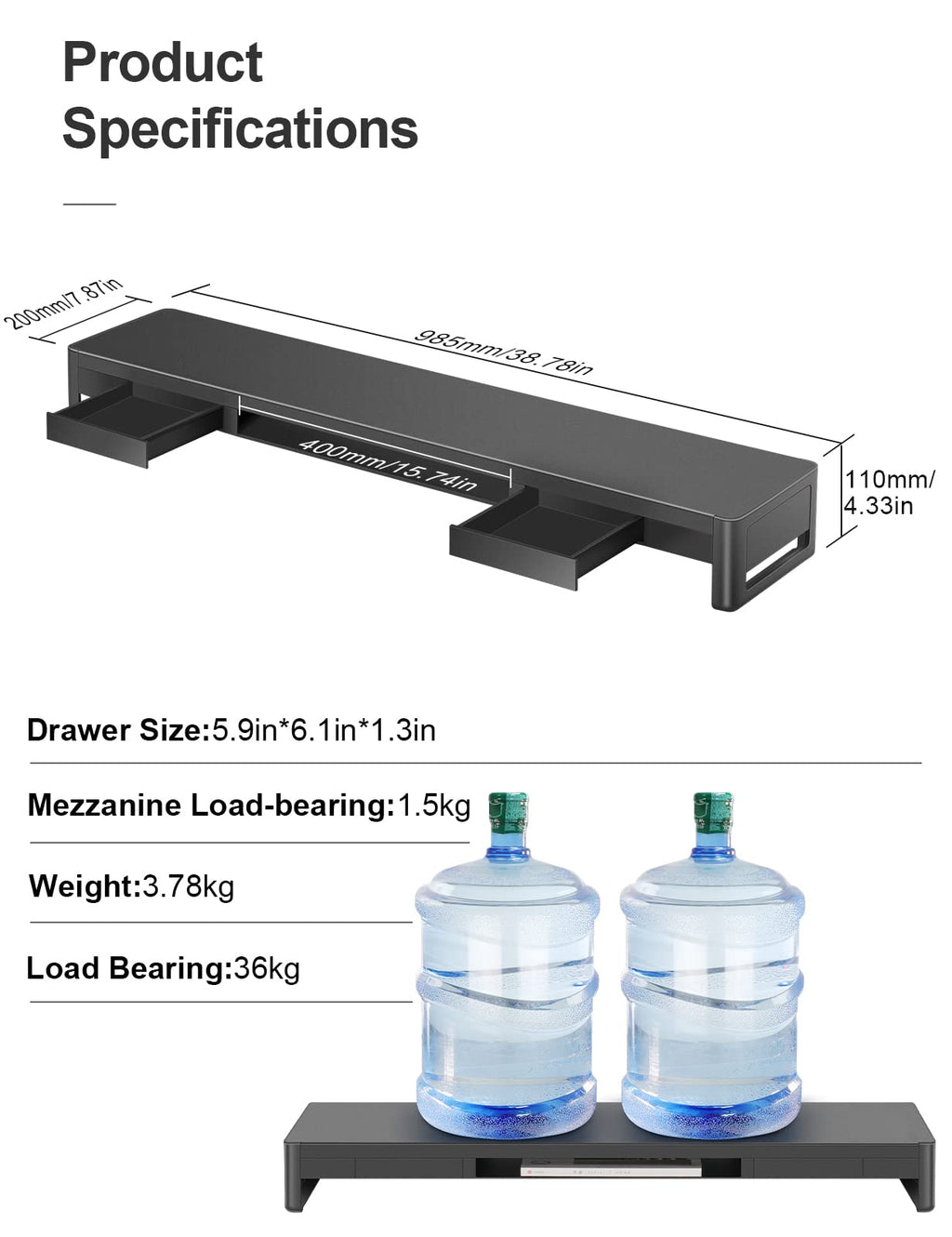 meatanty Dual Monitor Stand Riser with 2 Storage Drawers, Metal Computer Monitor Stand Monitor Shelf with Pull Out Drawer, Keyboard and Mouse Storage Desktop Organizer for PC,Laptop,iMac,TV,Printer