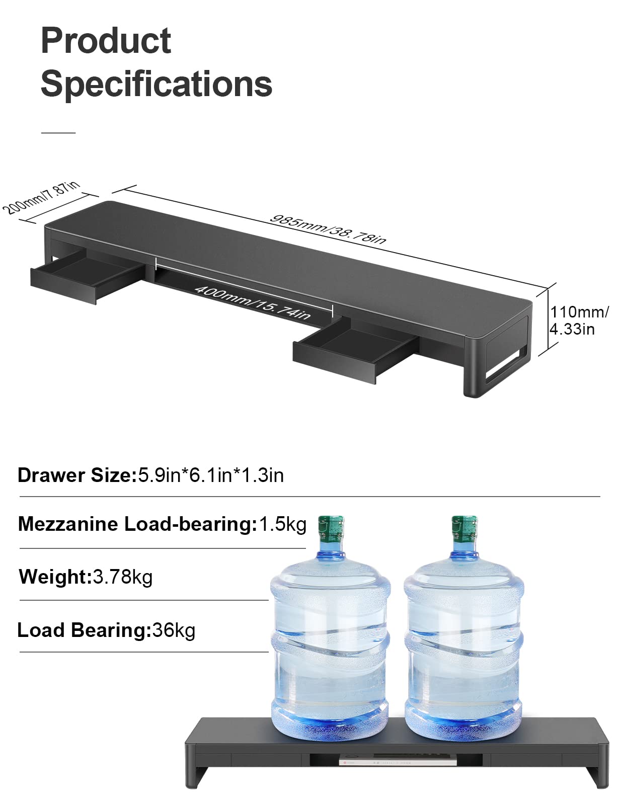 meatanty Dual Monitor Stand Riser with 2 Storage Drawers, Metal Computer Monitor Stand Monitor Shelf with Pull Out Drawer, Keyboard and Mouse Storage Desktop Organizer for PC,Laptop,iMac,TV,Printer